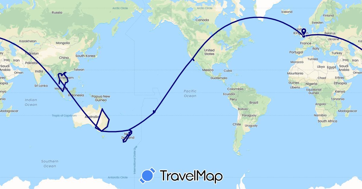TravelMap itinerary: driving in Australia, Cook Islands, United Kingdom, Laos, Mexico, New Zealand, Singapore, Thailand, United States, Vietnam (Asia, Europe, North America, Oceania)